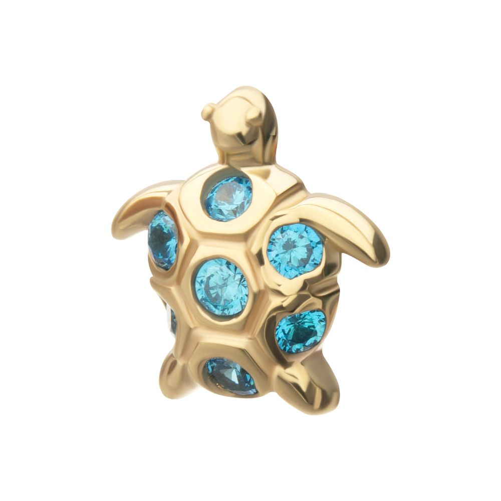 14kt Yellow Gold Threadless 2D Sea Turtle Top with Bezel Aqua Gem