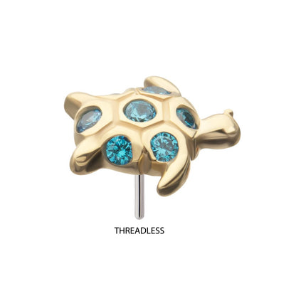 14kt Yellow Gold Threadless 2D Sea Turtle Top with Bezel Aqua Gem