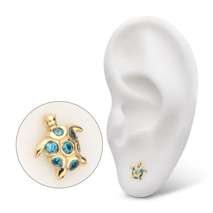 14kt Yellow Gold Threadless 2D Sea Turtle Top with Bezel Aqua Gem