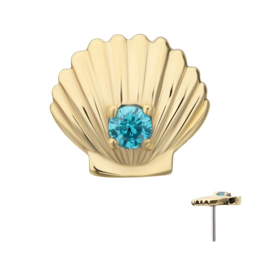 14Kt Yellow Gold Threadless Etched Seashell Top with Prong Set Aqua Gem
