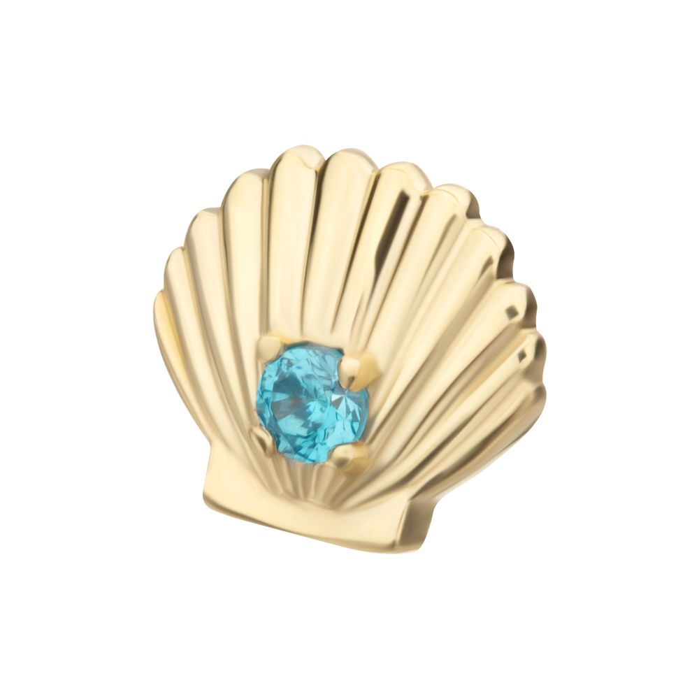 14Kt Yellow Gold Threadless Etched Seashell Top with Prong Set Aqua Gem