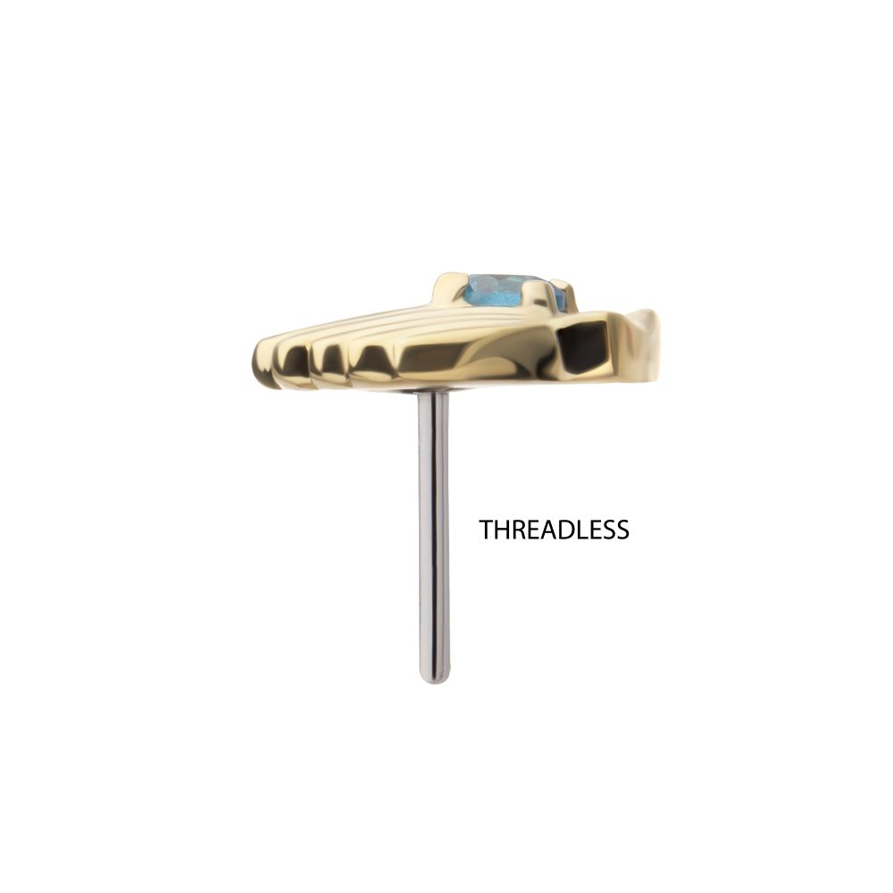 14Kt Yellow Gold Threadless Etched Seashell Top with Prong Set Aqua Gem