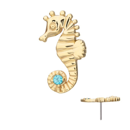 14Kt Yellow Gold Threadless Etched Seahorse Top with Prong Set Aqua Gem