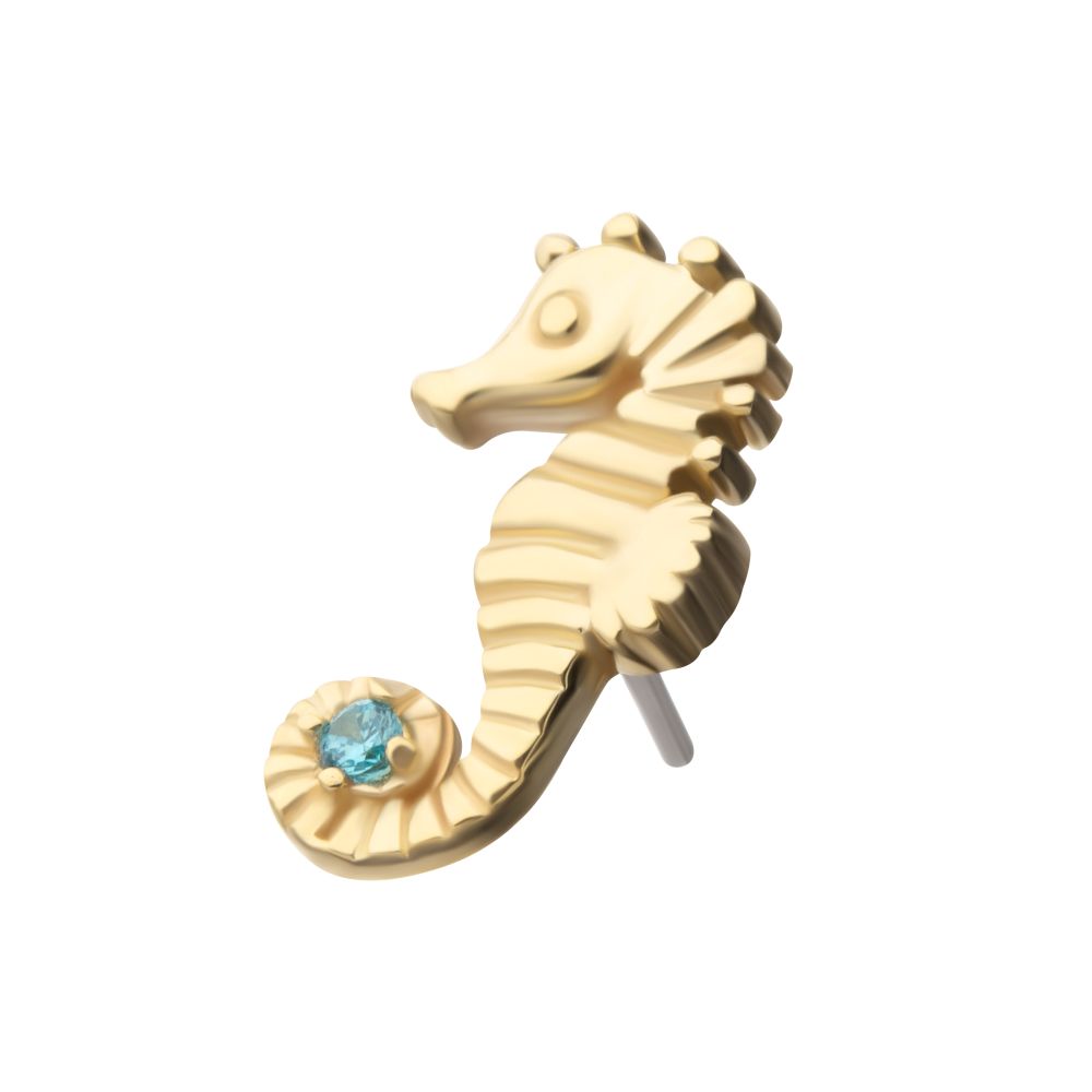 14Kt Yellow Gold Threadless Etched Seahorse Top with Prong Set Aqua Gem