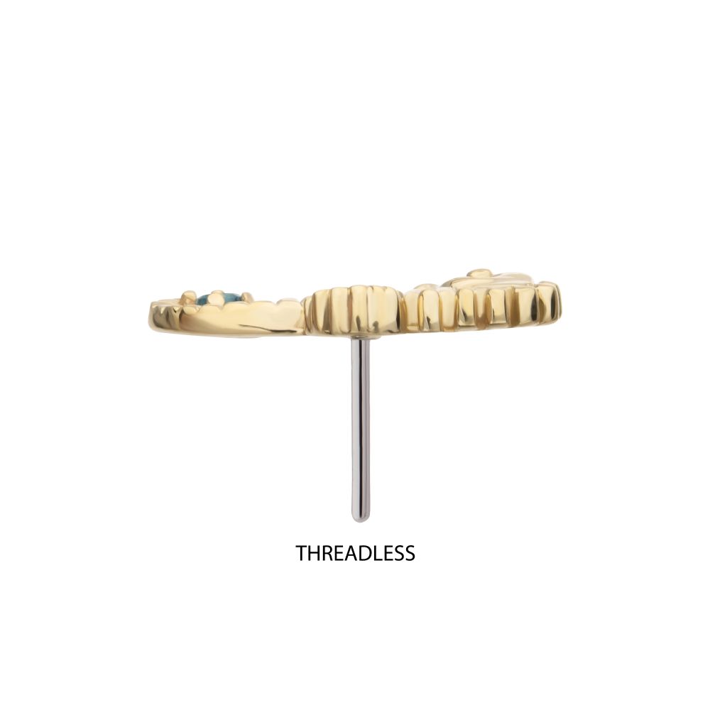 14Kt Yellow Gold Threadless Etched Seahorse Top with Prong Set Aqua Gem