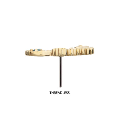 14Kt Yellow Gold Threadless Etched Seahorse Top with Prong Set Aqua Gem