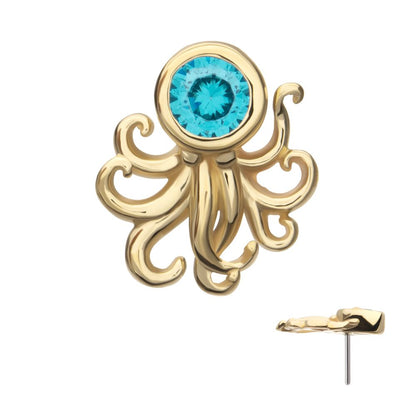 14Kt Yellow Gold Threadless Sprawling Octopus Top with Bezel Aqua Gem