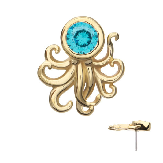 14Kt Yellow Gold Threadless Sprawling Octopus Top with Bezel Aqua Gem