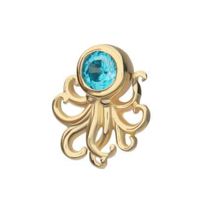 14Kt Yellow Gold Threadless Sprawling Octopus Top with Bezel Aqua Gem