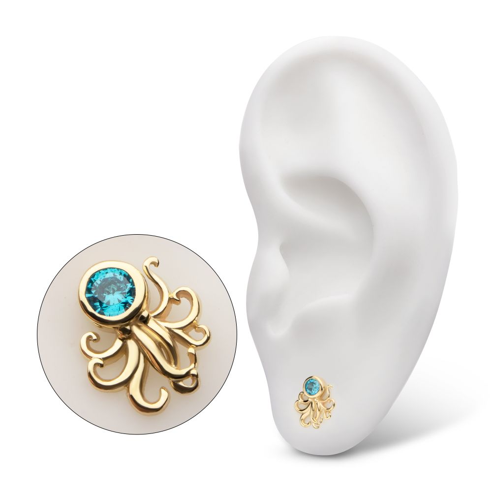 14Kt Yellow Gold Threadless Sprawling Octopus Top with Bezel Aqua Gem