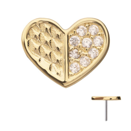 14Kt Yellow Gold Threadless Geometric Heart with One Side Pave Gem Top
