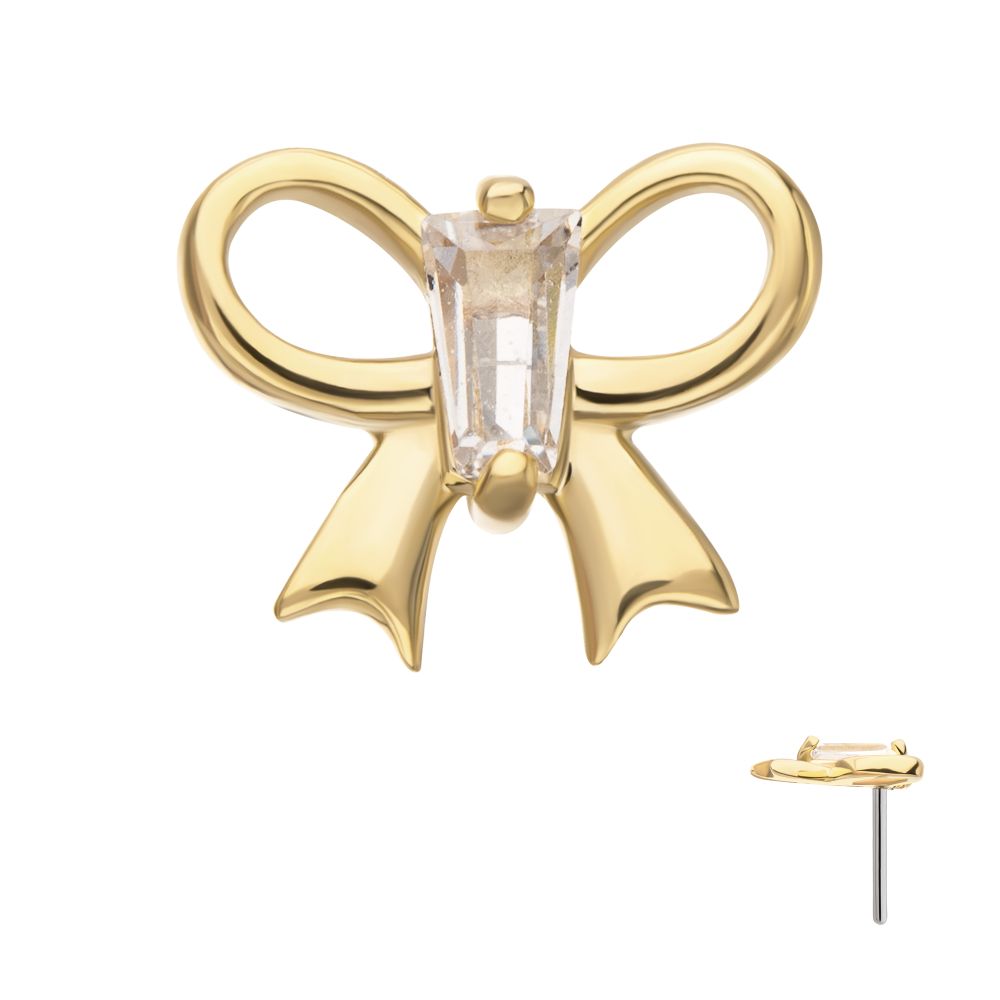 14Kt Yellow Gold Threadless Cut Out Bow with Prong Set Baguette Gem Top