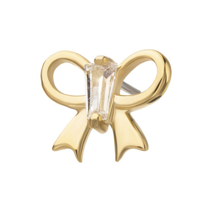 14Kt Yellow Gold Threadless Cut Out Bow with Prong Set Baguette Gem Top