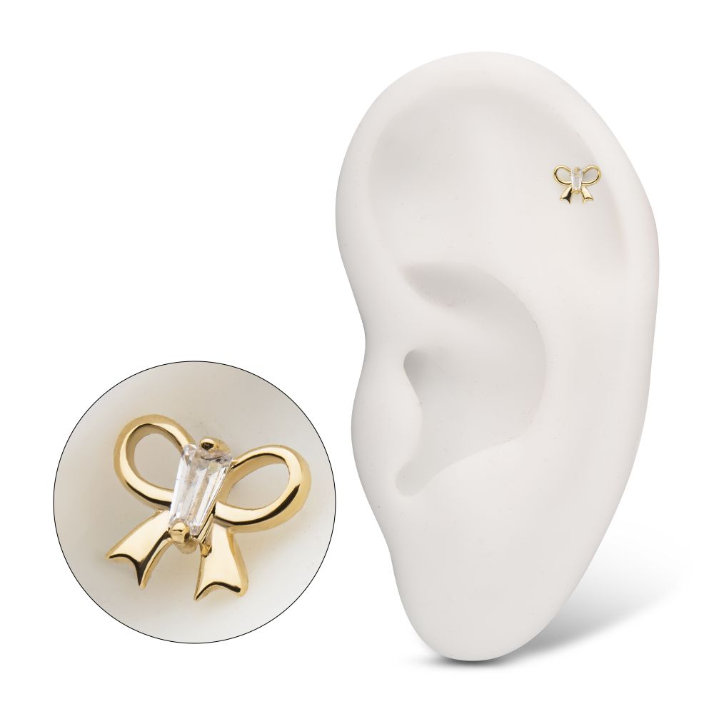 14Kt Yellow Gold Threadless Cut Out Bow with Prong Set Baguette Gem Top