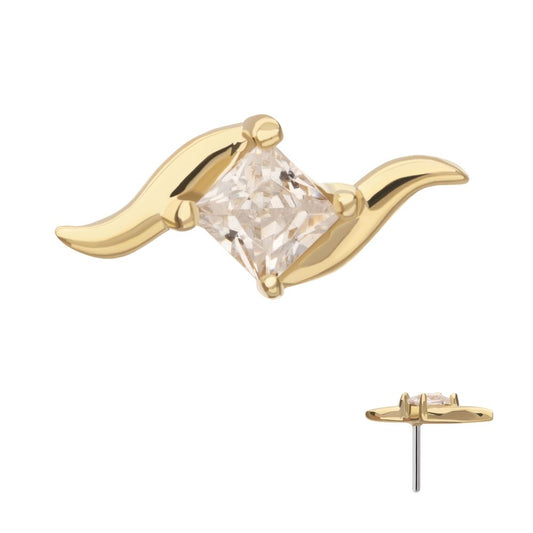 14Kt Yellow Gold Threadless Wave with Prong Set Princess Cut Gem Top