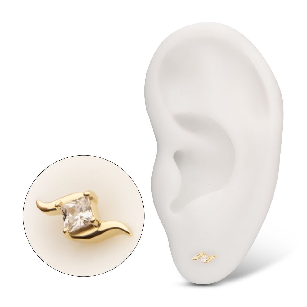 14Kt Yellow Gold Threadless Wave with Prong Set Princess Cut Gem Top