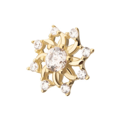 14Kt Yellow Gold Threadless Swirled Flower Top with Prong Set Gem