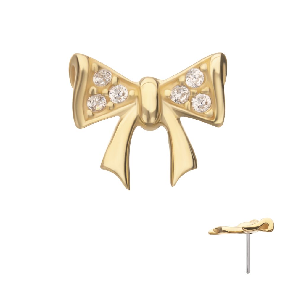 14Kt Yellow Gold Threadless Bow with Pave Gem Top