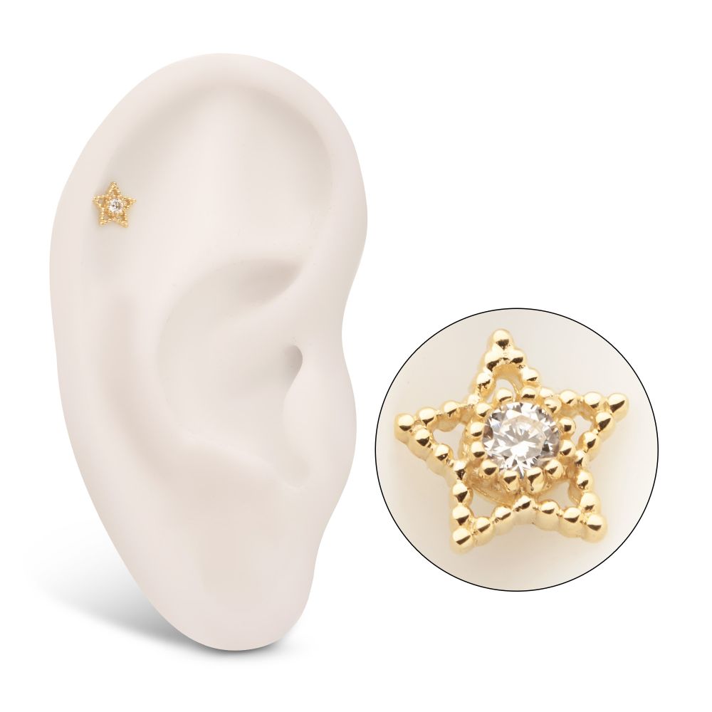 14Kt Yellow Gold Threadless Cut Out Beaded Edge Star Top with Gem