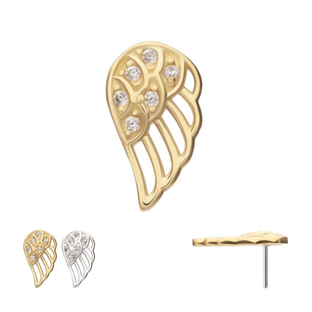 14Kt Gold Threadless Angel Wing with Pave Gem Top (Left Ear)