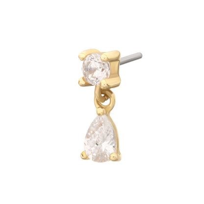 14Kt Gold Threadless Prong Set Round Gem Top with Teardrop Dangle
