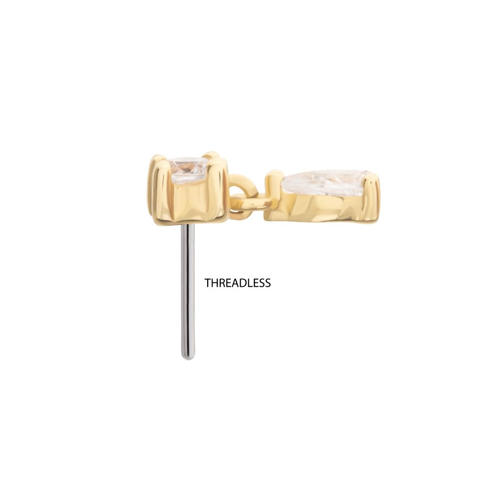 14Kt Gold Threadless Prong Set Round Gem Top with Teardrop Dangle