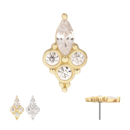14Kt Gold Threadless Prong Set Marquise & Triple Round Gem Top
