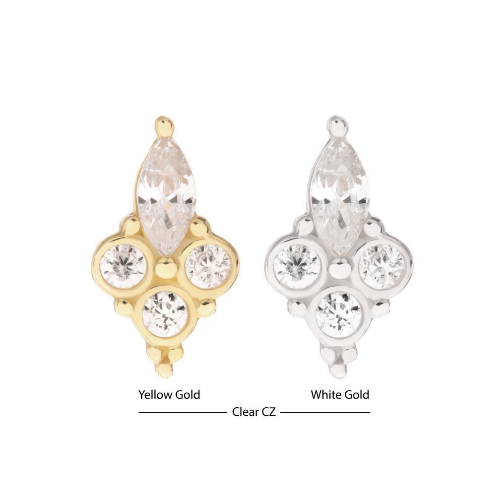 14Kt Gold Threadless Prong Set Marquise & Triple Round Gem Top