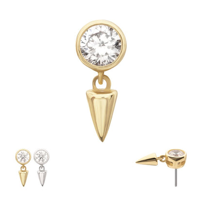 14Kt Gold Threadless Bezel Round Gem Top with Spike Dangle
