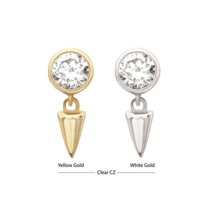 14Kt Gold Threadless Bezel Round Gem Top with Spike Dangle
