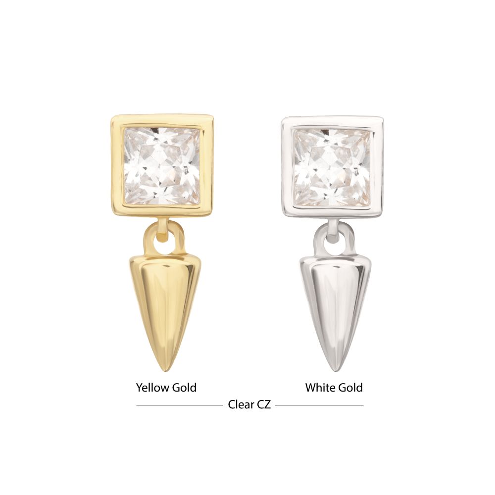 14Kt Gold Threadless Bezel Princess Cut Gem Top with Spike Dangle