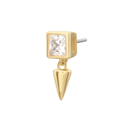 14Kt Gold Threadless Bezel Princess Cut Gem Top with Spike Dangle
