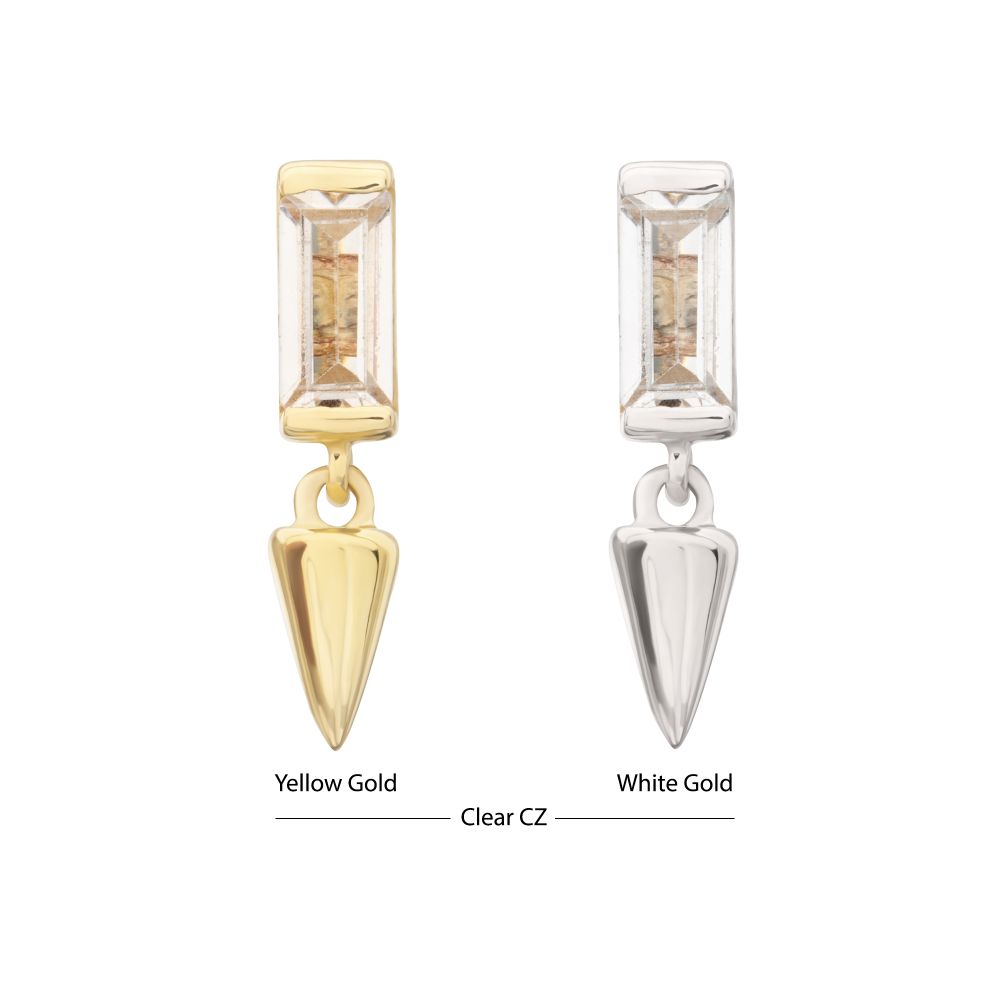 14Kt Gold Threadless Bezel Baguette Gem Top with Spike Dangle