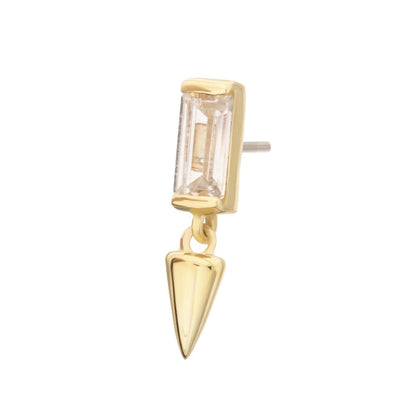 14Kt Gold Threadless Bezel Baguette Gem Top with Spike Dangle