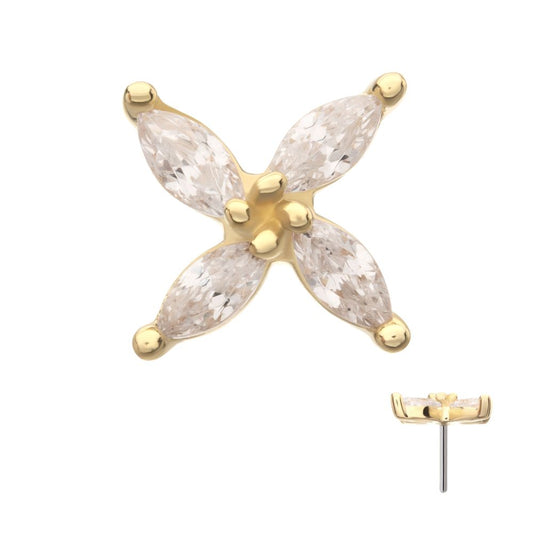 14Kt Yellow Gold Threadless Prong Set Marquise CZ Gem 4-Petal Flower Top