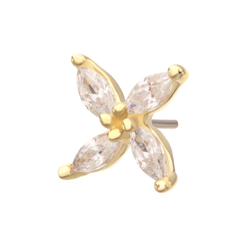 14Kt Yellow Gold Threadless Prong Set Marquise CZ Gem 4-Petal Flower Top