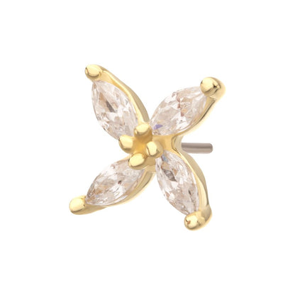 14Kt Yellow Gold Threadless Prong Set Marquise CZ Gem 4-Petal Flower Top