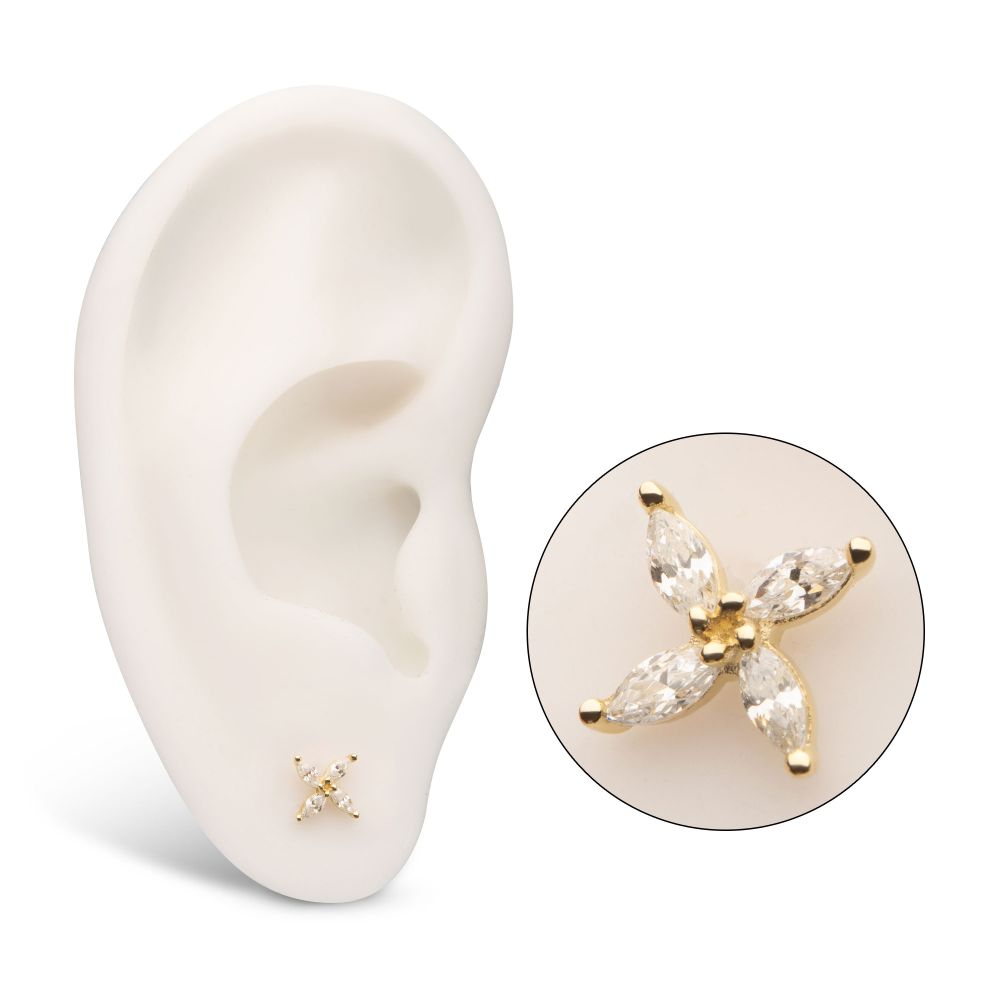 14Kt Yellow Gold Threadless Prong Set Marquise CZ Gem 4-Petal Flower Top