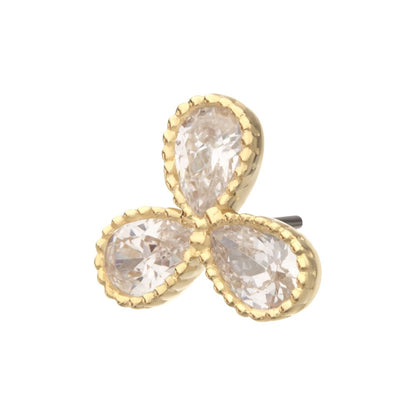 14Kt Yellow Gold Threadless Milgrain Edge Teardrop CZ Gem 3-Petal Flower Top