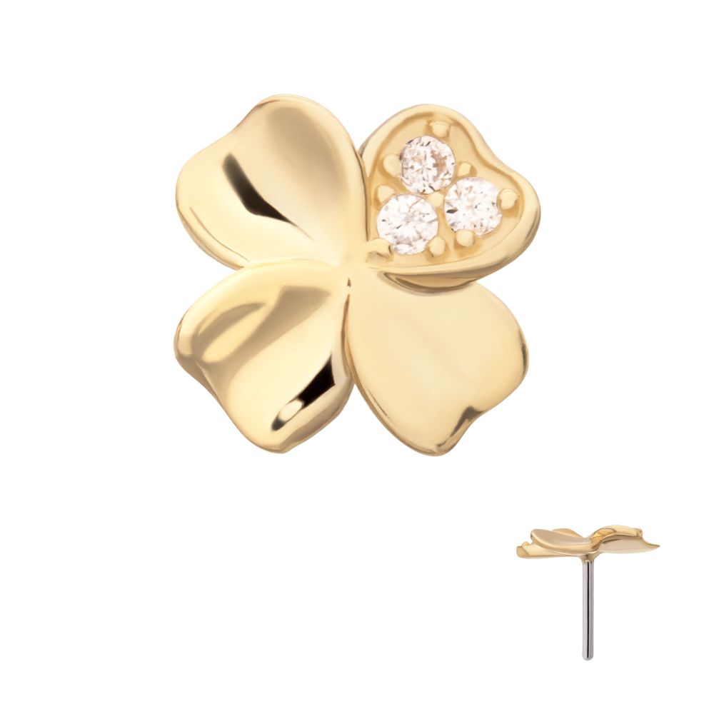 14Kt Yellow Gold Threadless 3D Clover Top with Triple CZ Gem