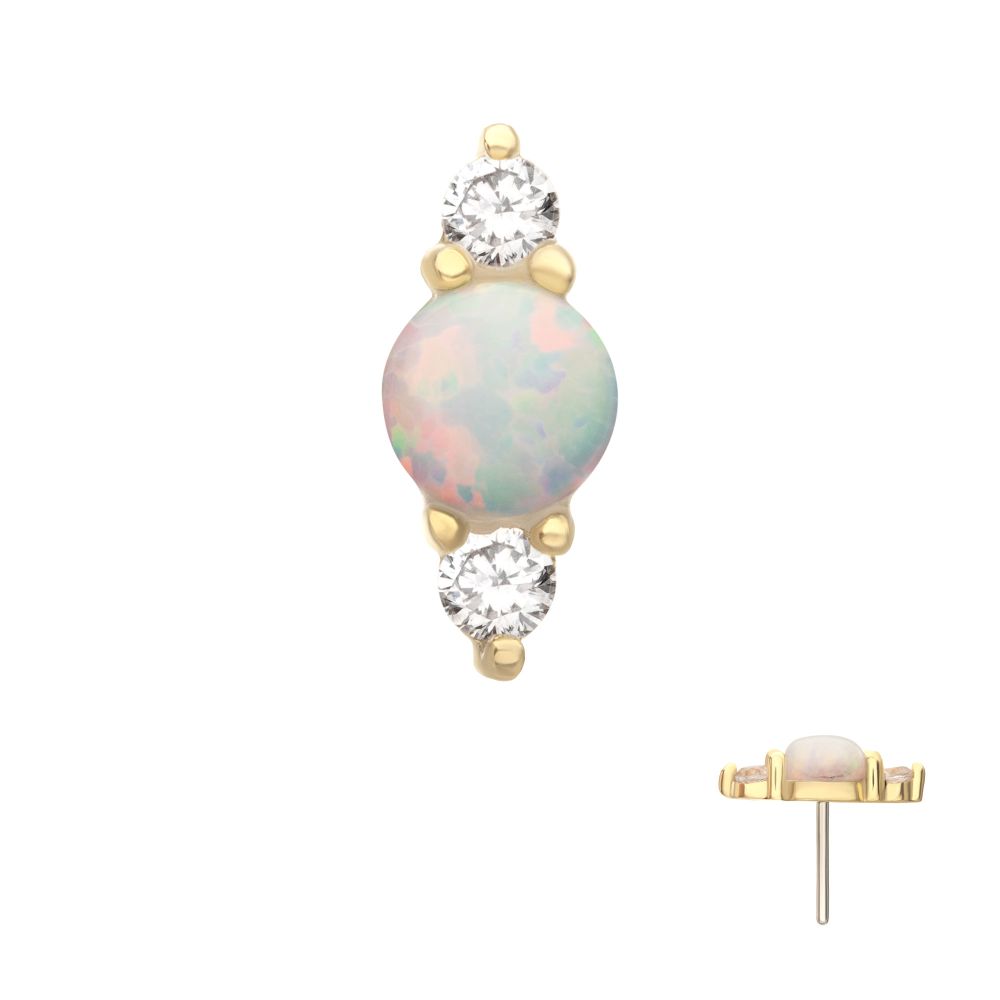 14Kt Yellow Gold Threadless Prong Set White Opal & Clear CZ CZ Gem Cluster Top