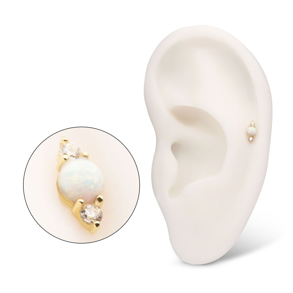 14Kt Yellow Gold Threadless Prong Set White Opal & Clear CZ CZ Gem Cluster Top