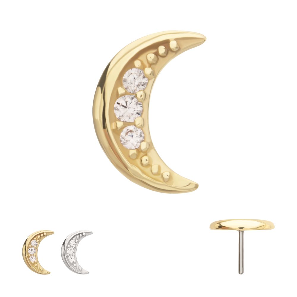 14Kt Gold Threadless Pave CZ Gem Crescent Moon Top