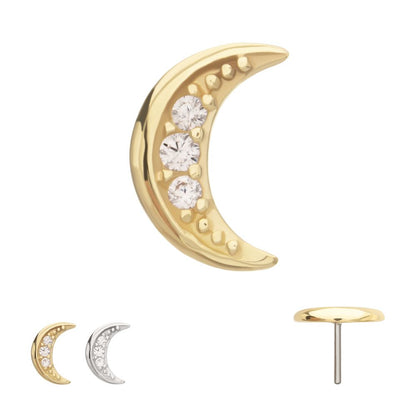 14Kt Gold Threadless Pave CZ Gem Crescent Moon Top