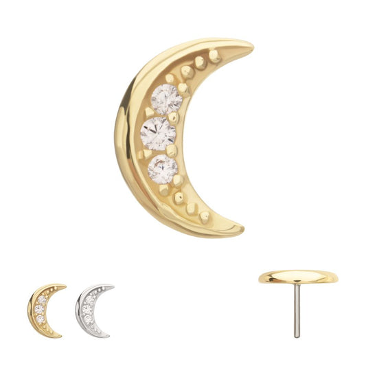 14Kt Gold Threadless Pave CZ Gem Crescent Moon Top