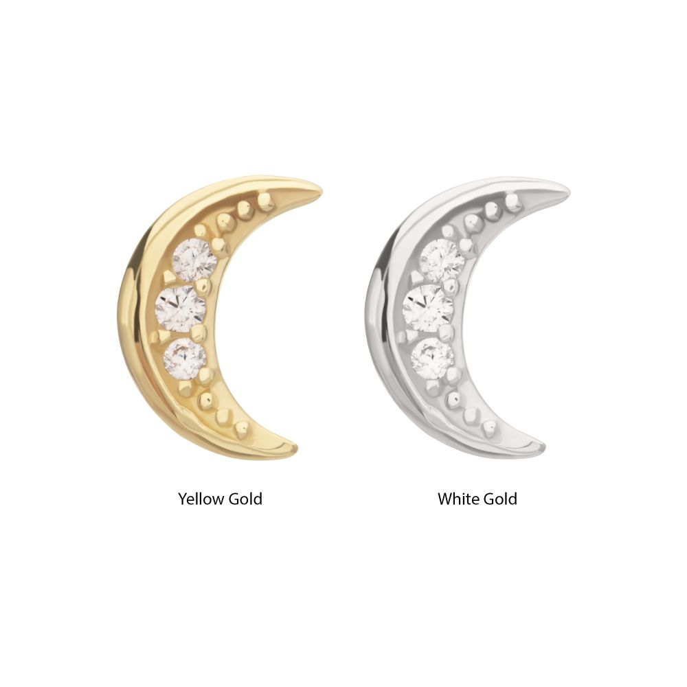 14Kt Gold Threadless Pave CZ Gem Crescent Moon Top