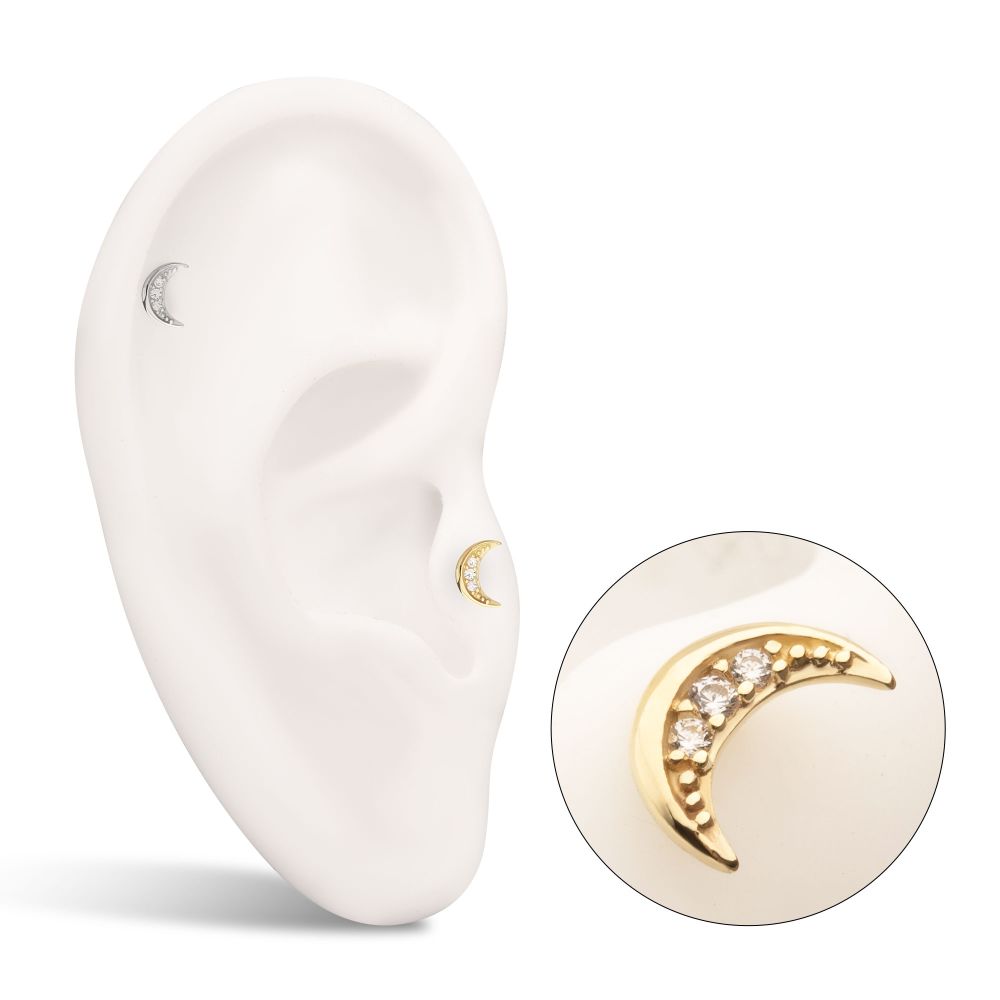 14Kt Gold Threadless Pave CZ Gem Crescent Moon Top