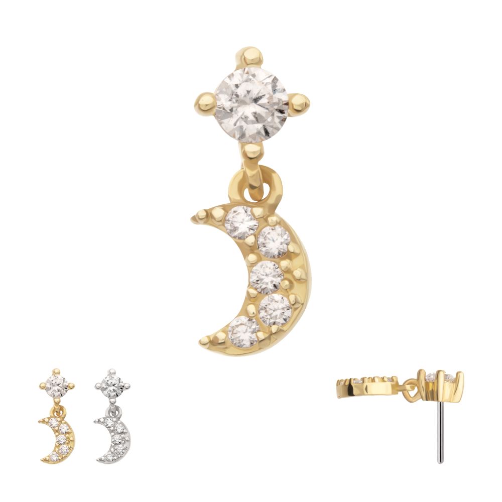 14Kt Gold Threadless 4-Prong CZ 2mm Gem Top with Pave CZ Gem Crescent Moon Dangle