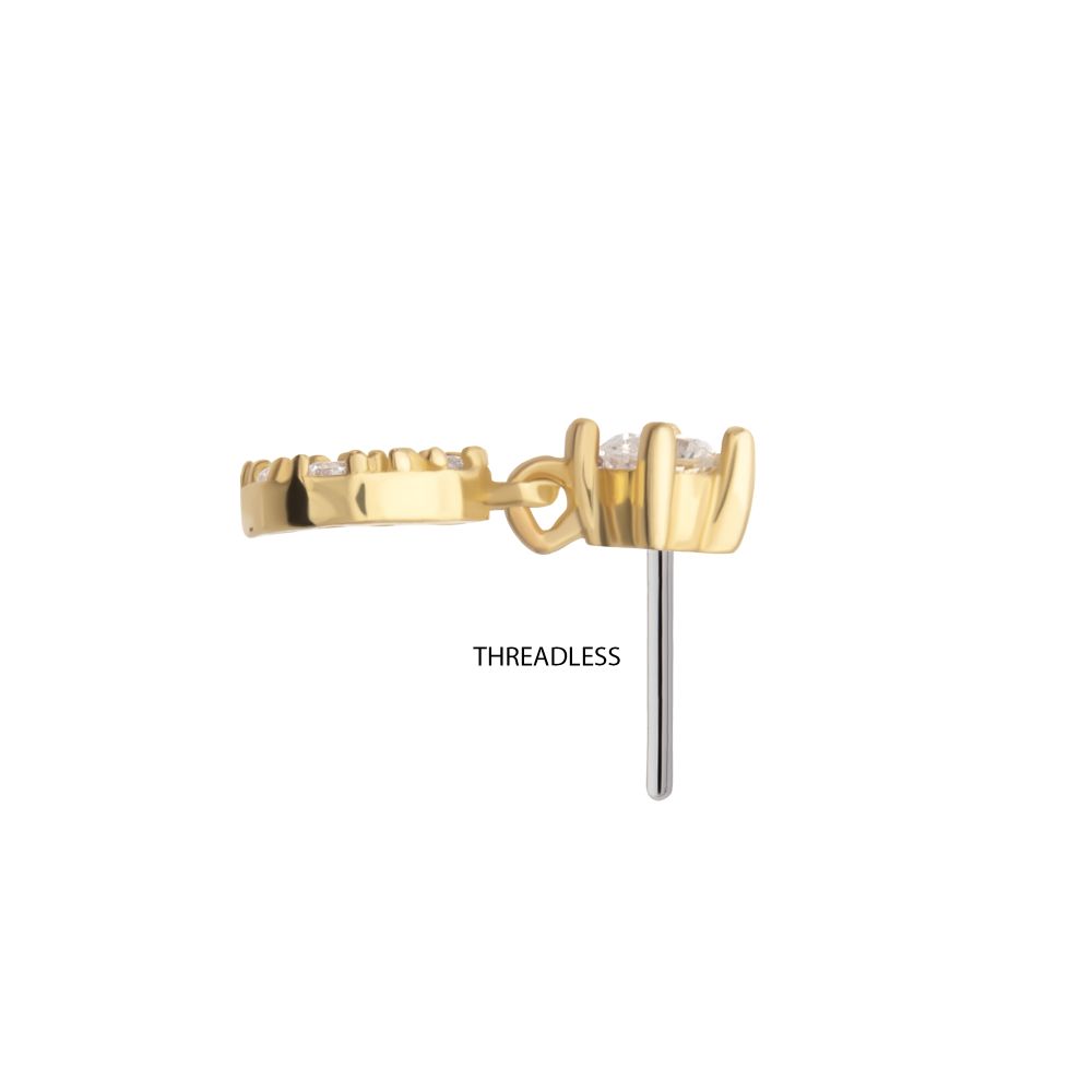 14Kt Gold Threadless 4-Prong CZ 2mm Gem Top with Pave CZ Gem Crescent Moon Dangle
