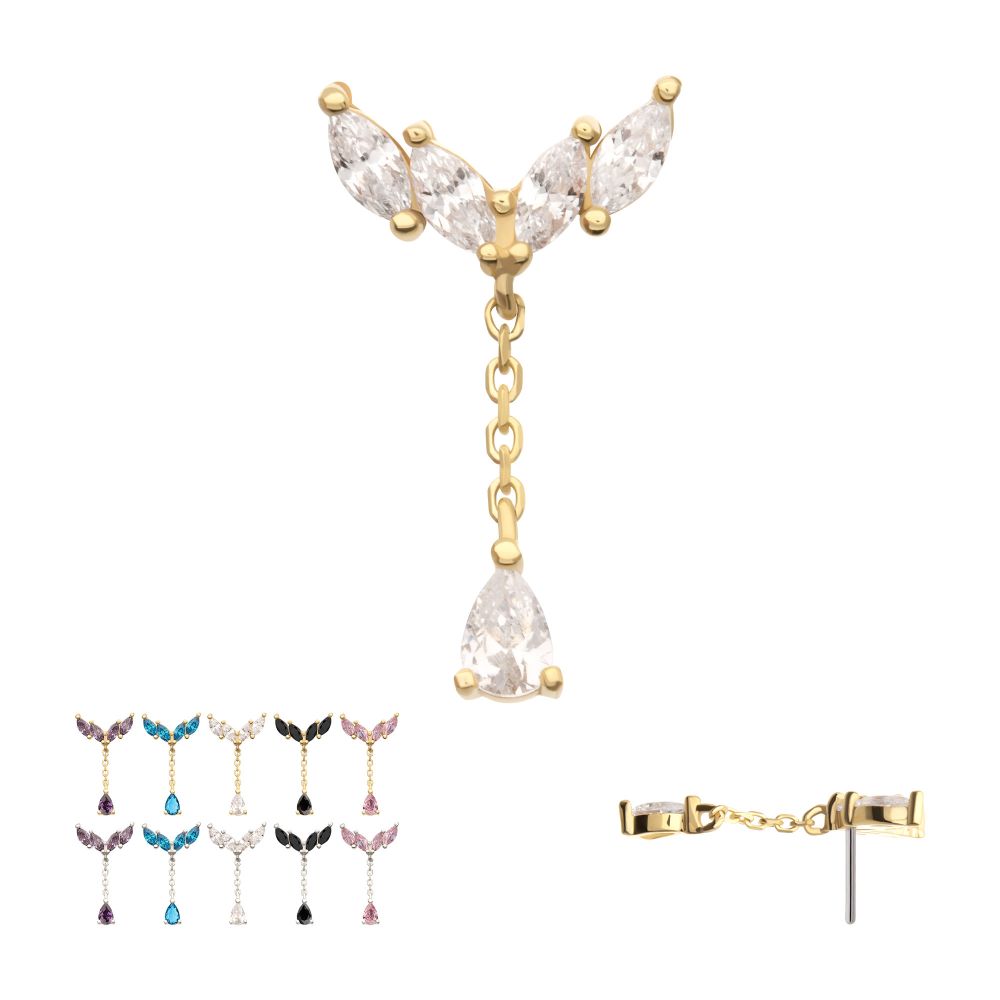 14Kt Gold Threadless Quadruple Marquise Cluster Top with Teardrop CZ Gem Dangle